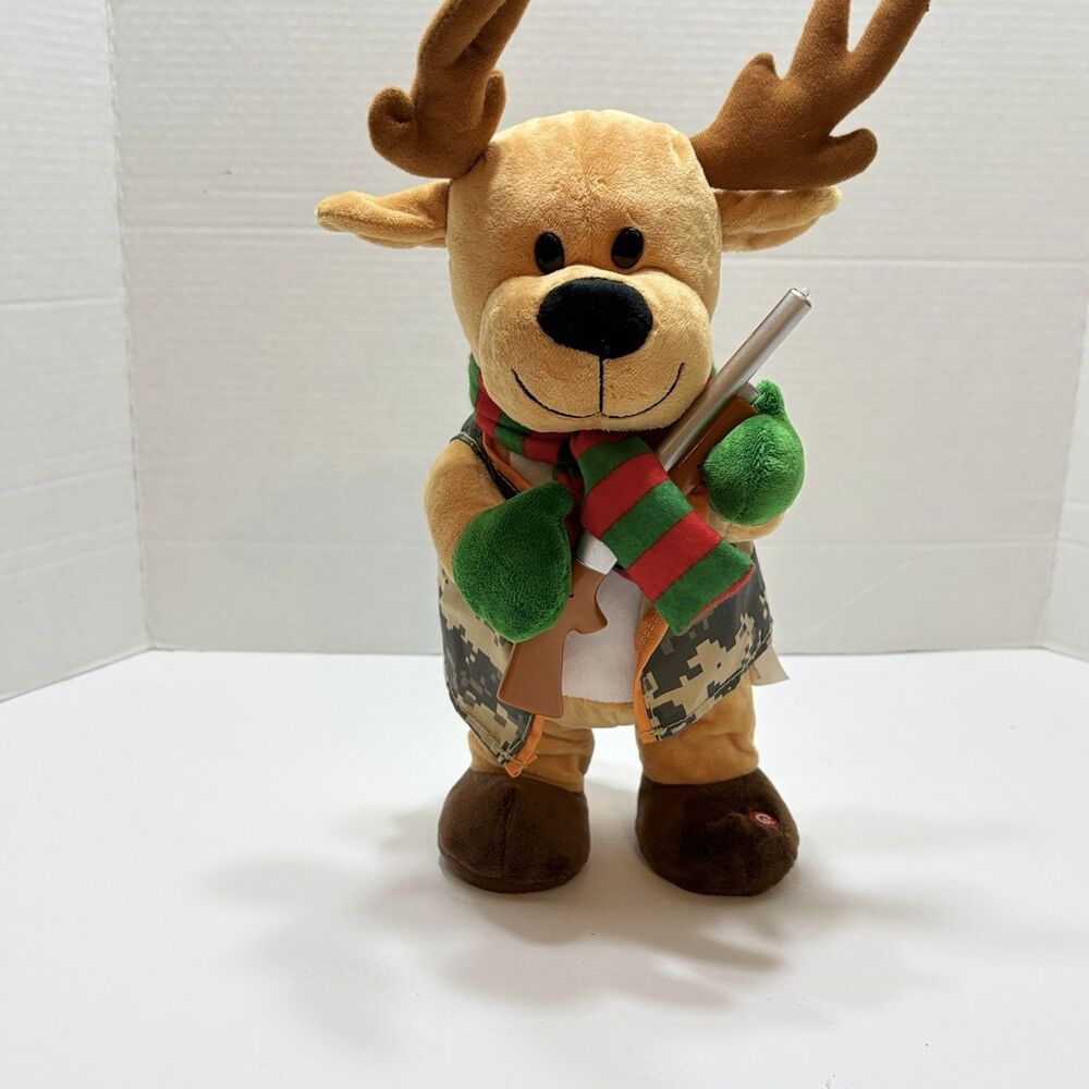 Gemmy 14" Animated Reindeer w/ Shotgun Camo Hunter Musical Christmas - Tested